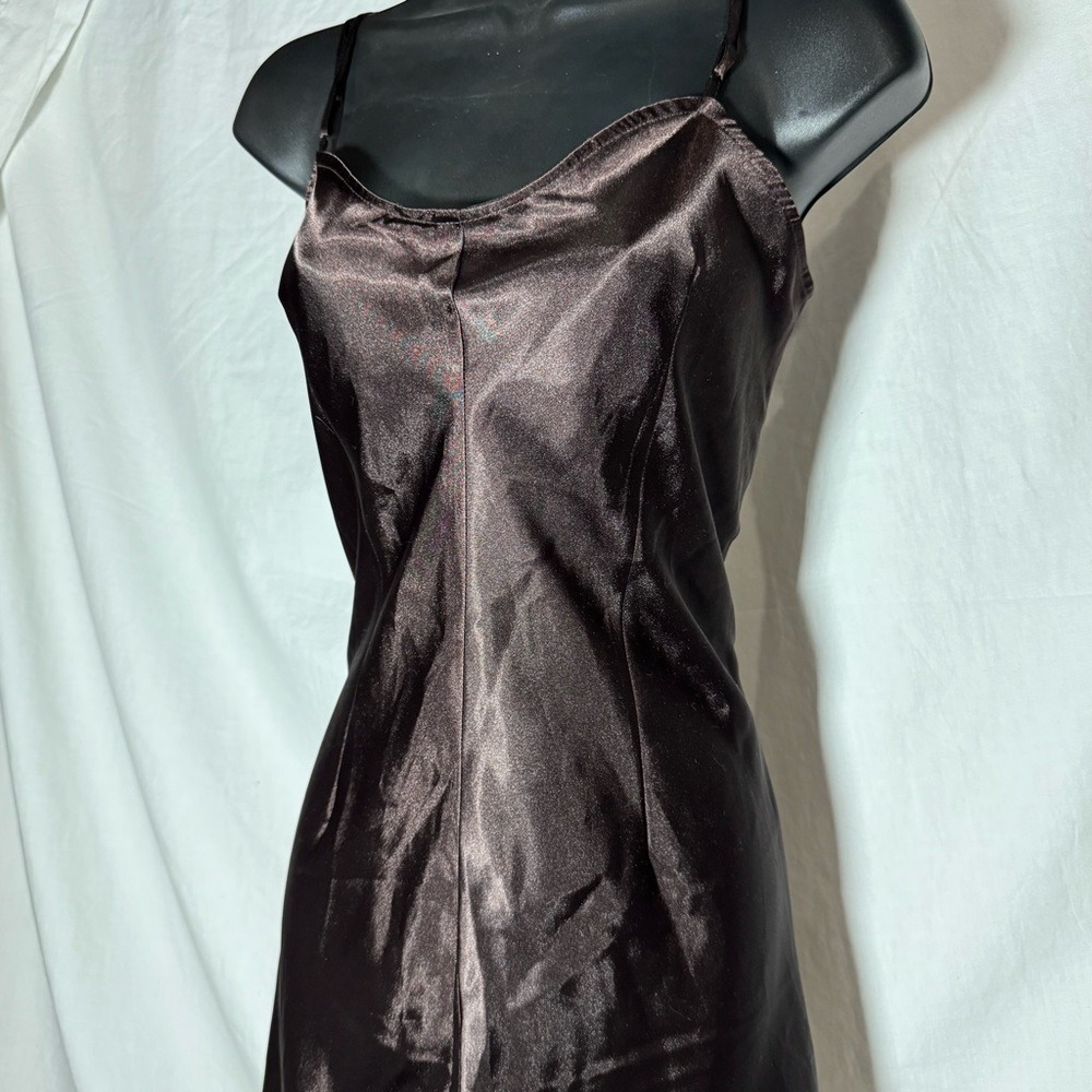 Dark Chocolate Brown Satin Slip Dress Adjustable With Spaghetti Straps - Picture 3 of 6